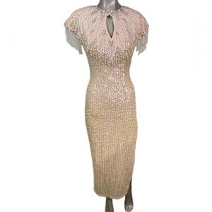 Sho Max 100% Pure Silk Baby Pink Vintage Originals Sparkling Cream Midi Dress